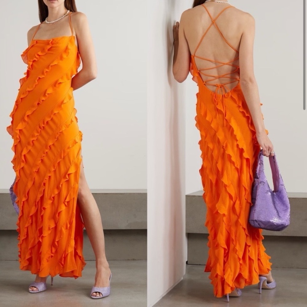 STAUD Elvire Open-Back Ruffled Crepe Maxi Dress Nectarine Orange - Picture 2 of 10